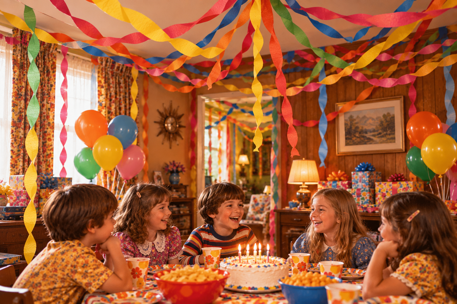 Five children sit around a table at a 1970s birthday party with a lit cake, colorful streamers, and balloons.