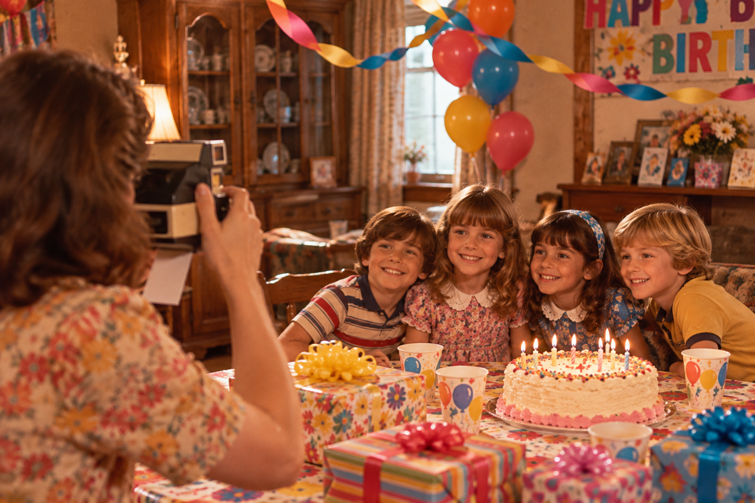 A woman uses a vintage instant camera to photograph four smiling children at a 1970s birthday party as they sit at a table with a cake and gifts.