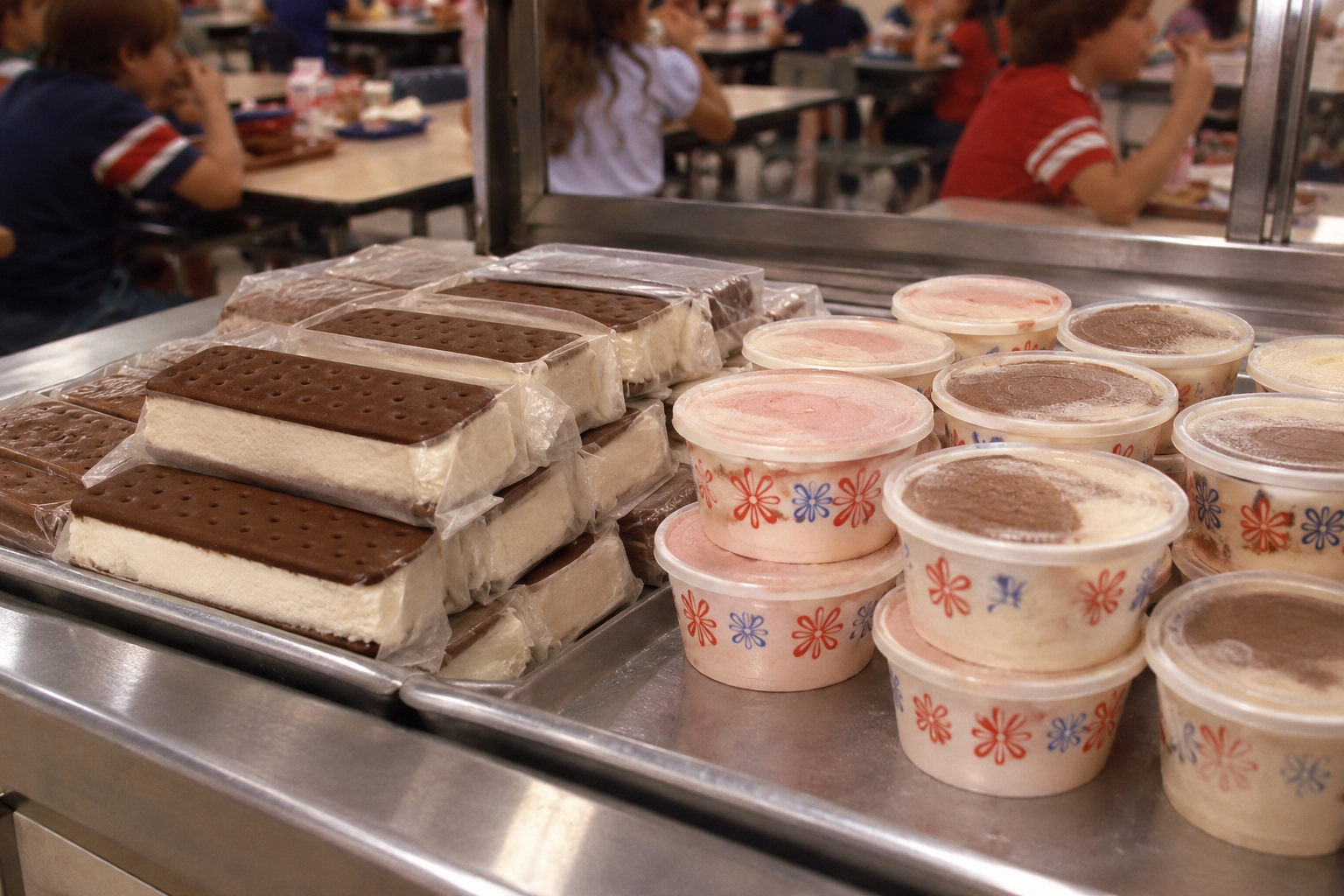 Ice cream sandwiches and cups of ice cream in an 1980s school cafeteria serving line.