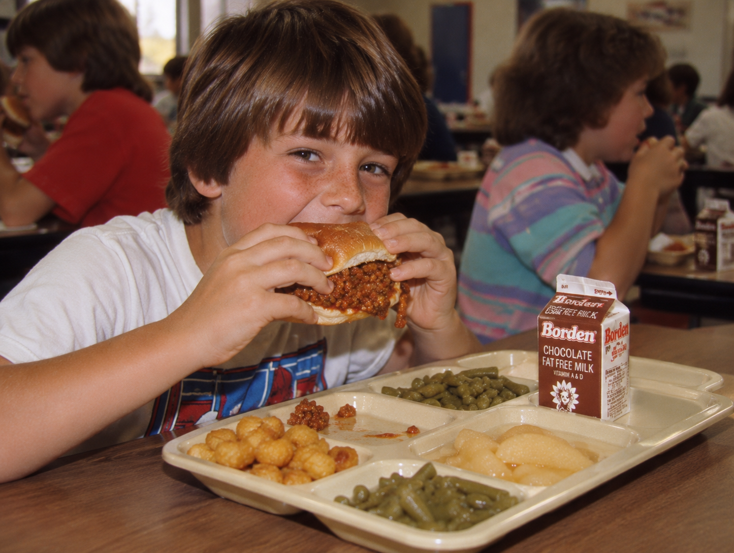 A boy eating a sloppy joe sandwich at a school lunch table with a tray containing tater tots, green beans, applesauce, and a carton of Borden chocolate milk.