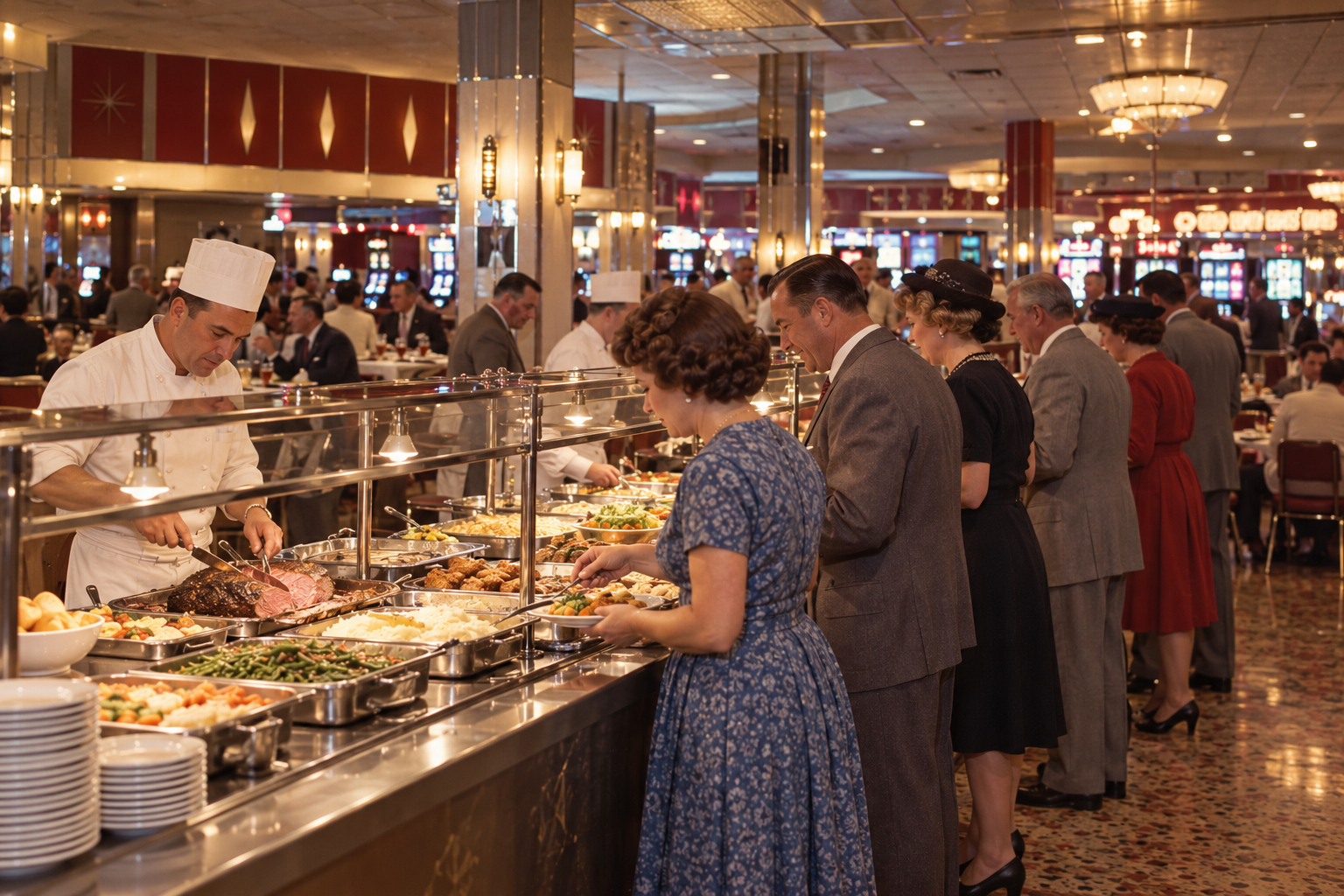 People in vintage attire stand in line at a buffet with a chef carving meat, evoking Old Las Vegas Traditions. Various dishes are displayed in a large, elegant dining hall with bright lights and patterned carpet.
