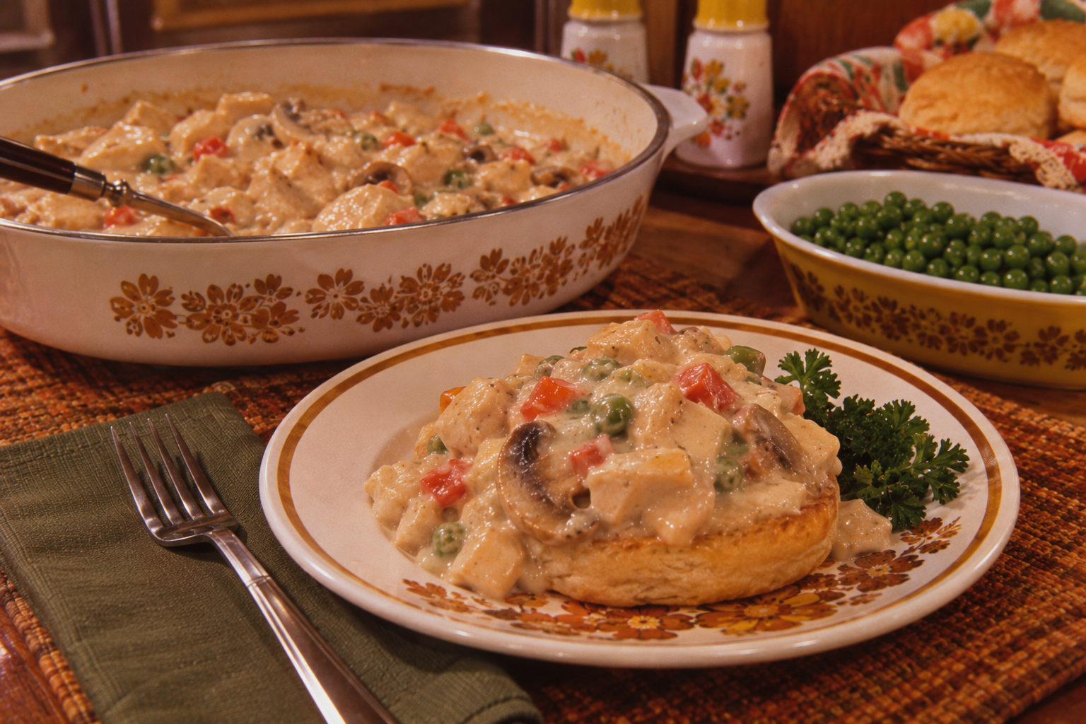A plate with a biscuit topped with creamy chicken and vegetable stew sits next to a fork and knife. In the background, there’s a large serving dish of the stew, a bowl of peas, and a basket of bread.