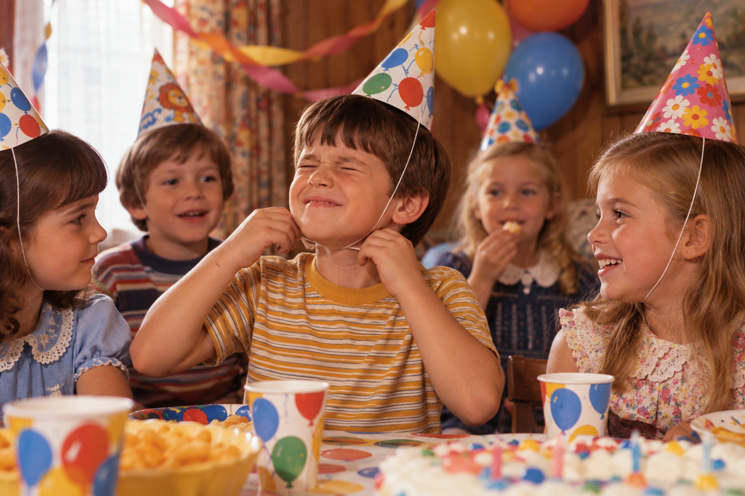 Five children wearing party hats sit around a table at a 1970s birthday party, with one boy in the center pulling at his party hat string.