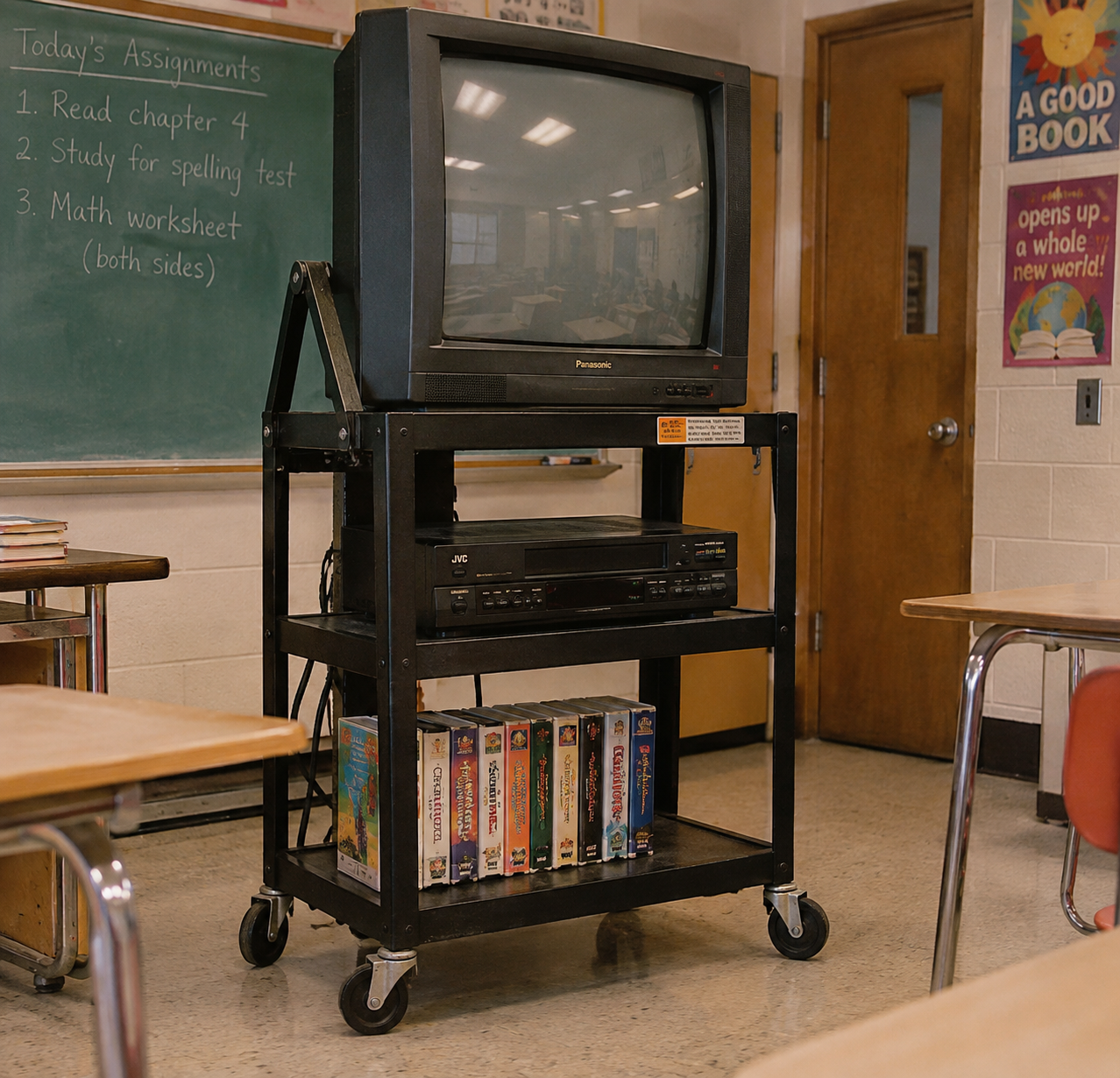 A television on a rolling AV cart with a VCR and VHS tapes in a classroom. 1980s elementary school.