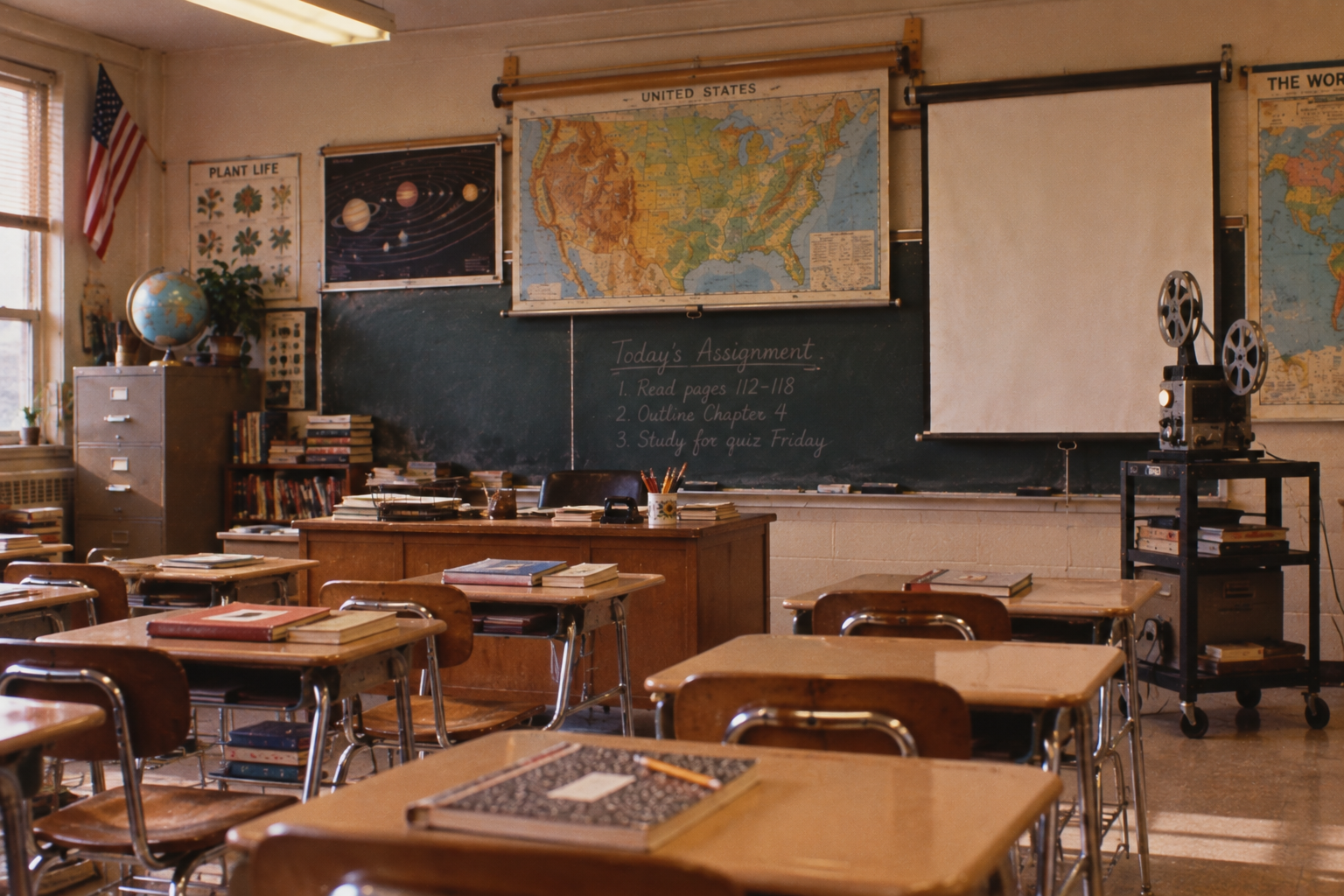 A classroom with wooden desks, books, a chalkboard displaying assignments, maps on the wall, an American flag, a globe, and a film projector near a white screen. Sunlight enters through windows on the left.
