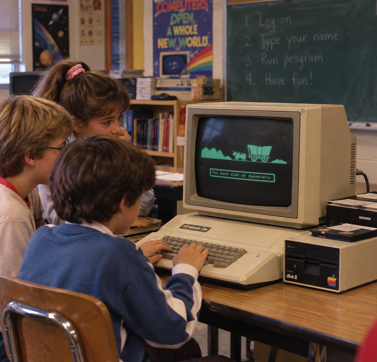 Three students in a classroom look at a computer screen displaying the text “You have died of dysentery” from the game The Oregon Trail.