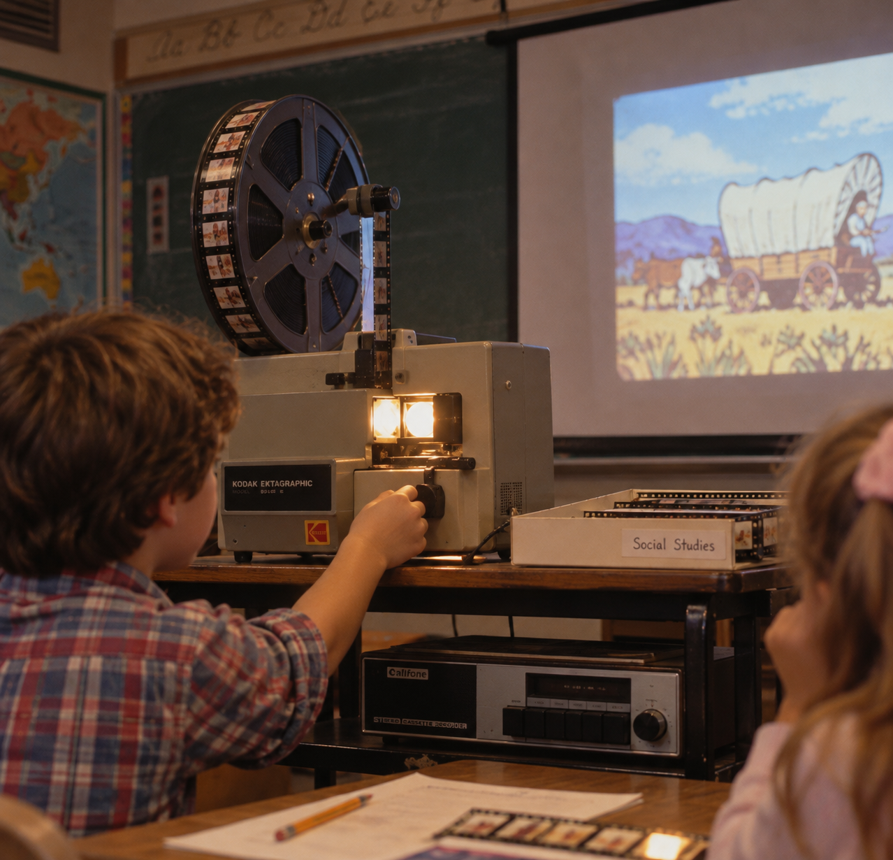 A student adjusts a vintage filmstrip projector in a classroom, with an image of a covered wagon projected onto a screen in the background.