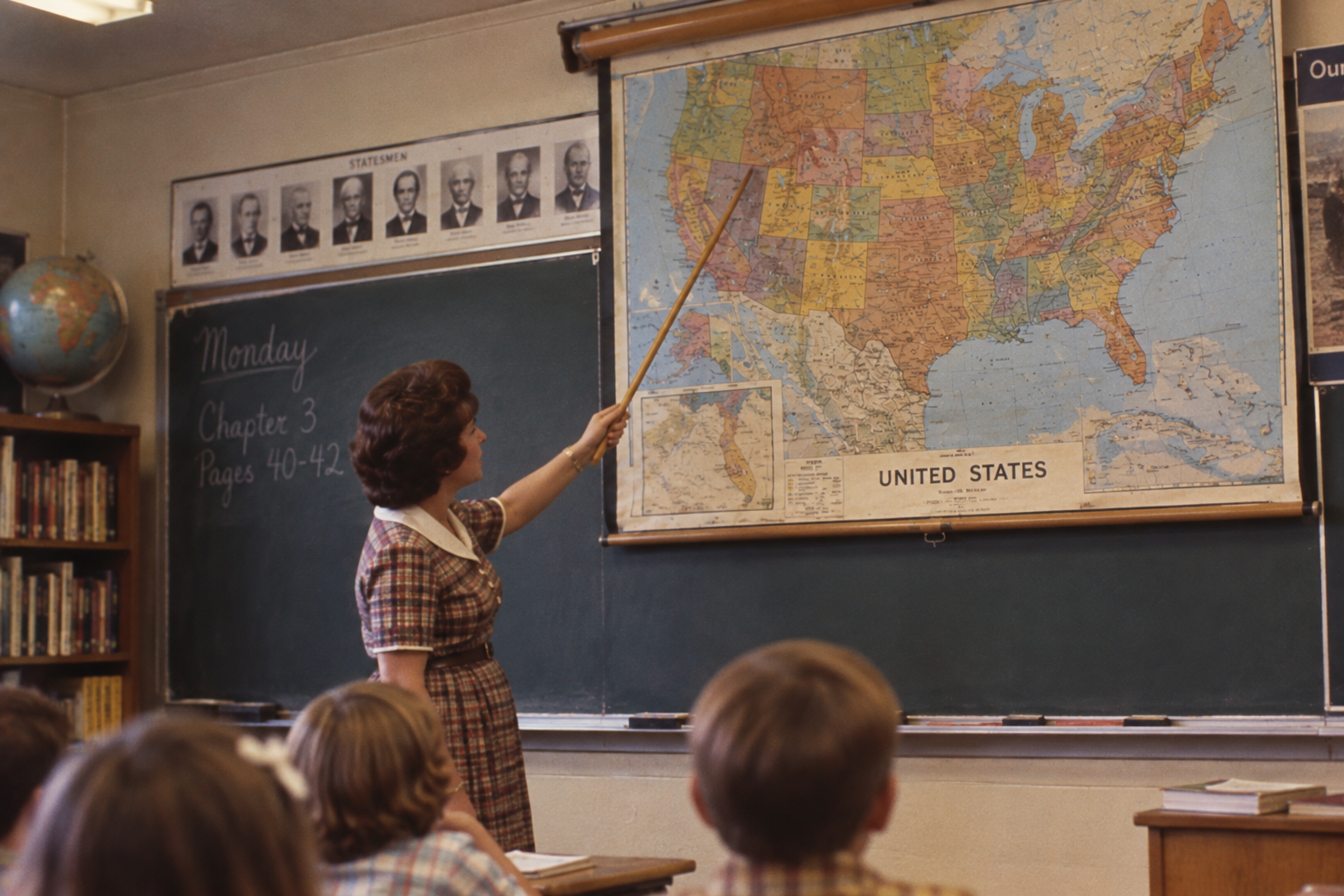 A teacher in a plaid dress uses a pointer to indicate a spot on a large U.S. map in a classroom, with students watching and a chalkboard and bookshelf visible.