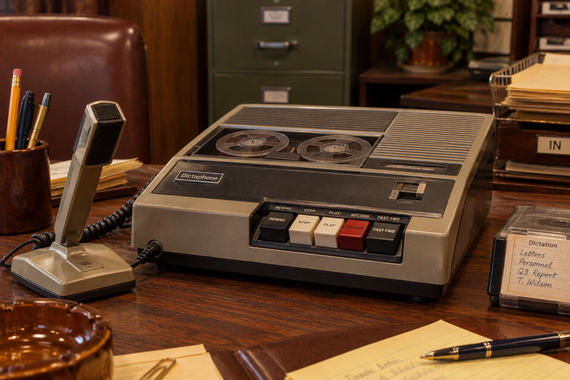 A vintage Dictaphone reel-to-reel tape recorder sits on a wooden desk next to a handheld microphone and a file labeled “Dictation.”