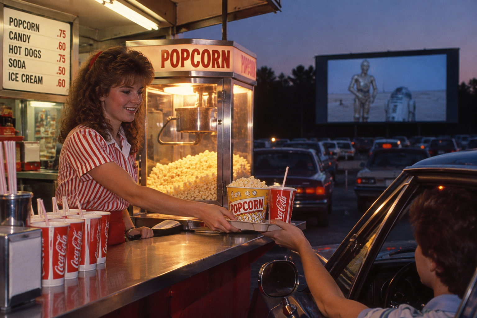 A concession stand worker in a striped uniform hands a tray with popcorn and a soda to a customer in a car at a drive-in theater, where C-3PO and R2-D2 are visible on the large outdoor screen.