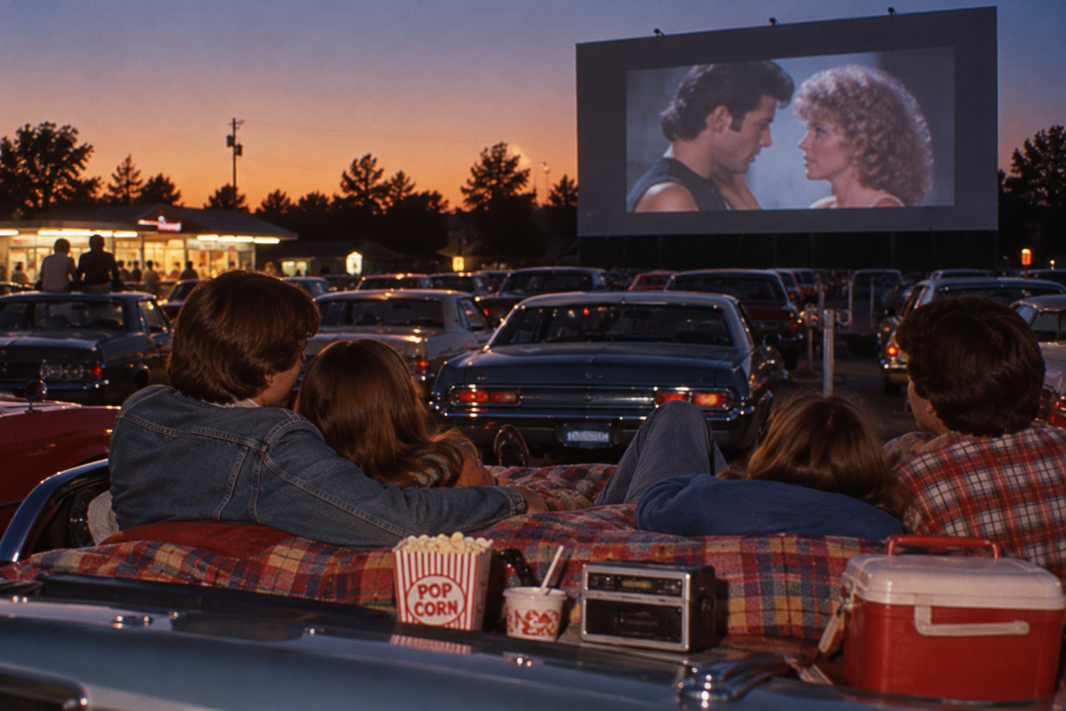 Two couples sit on a blanket in the back of a parked car at a drive-in theater, watching a film on a large screen at sunset.