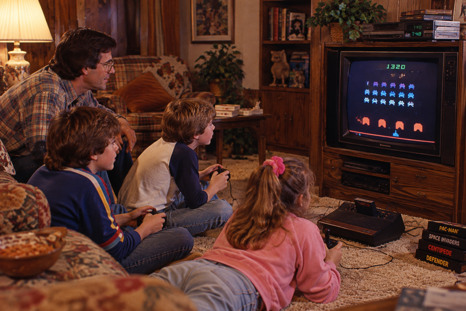 A family sits on a living room floor playing Space Invaders on a vintage television console.
