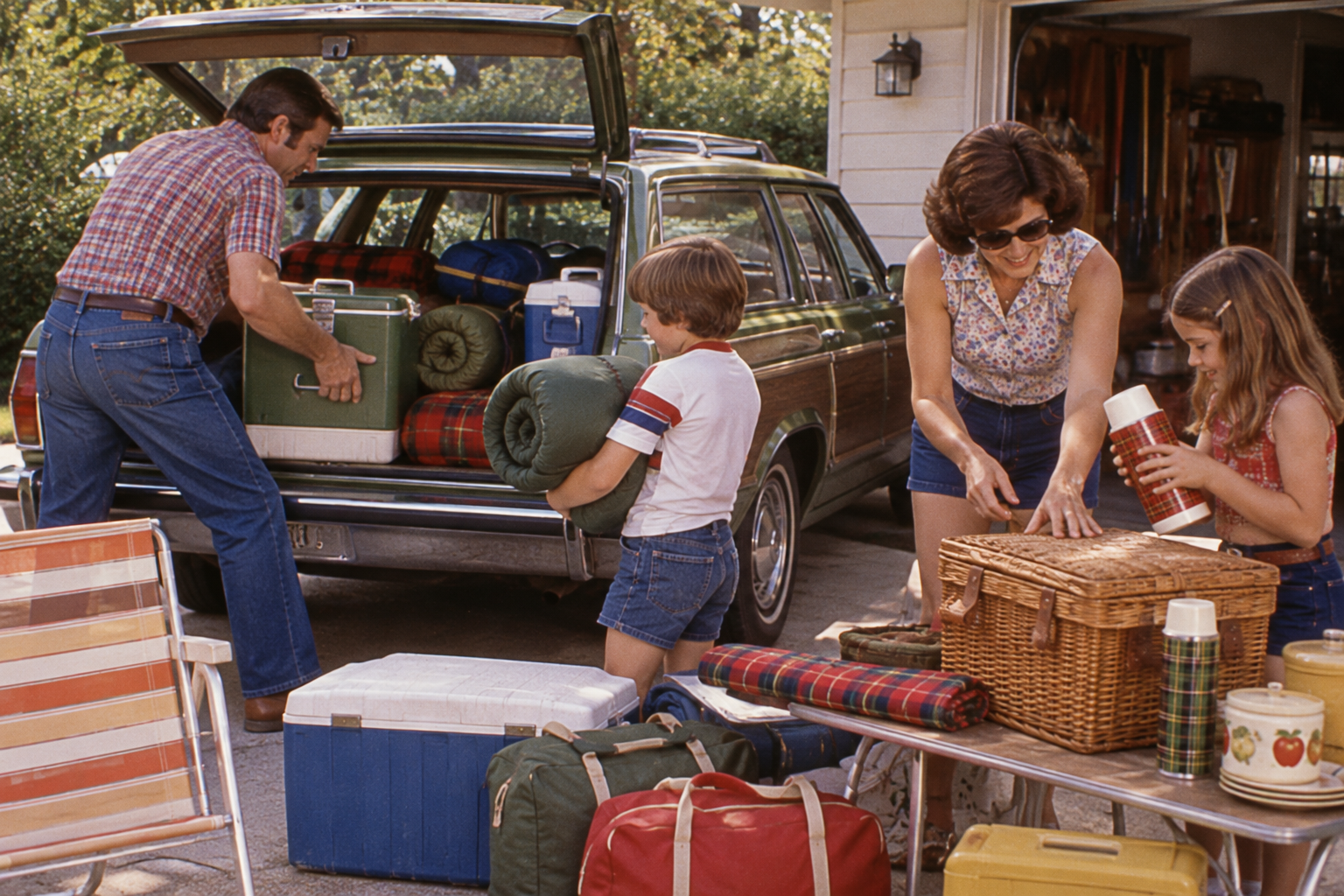 A family packs a station wagon for a camping trip, with coolers, sleeping bags, and picnic supplies spread around them in a driveway.