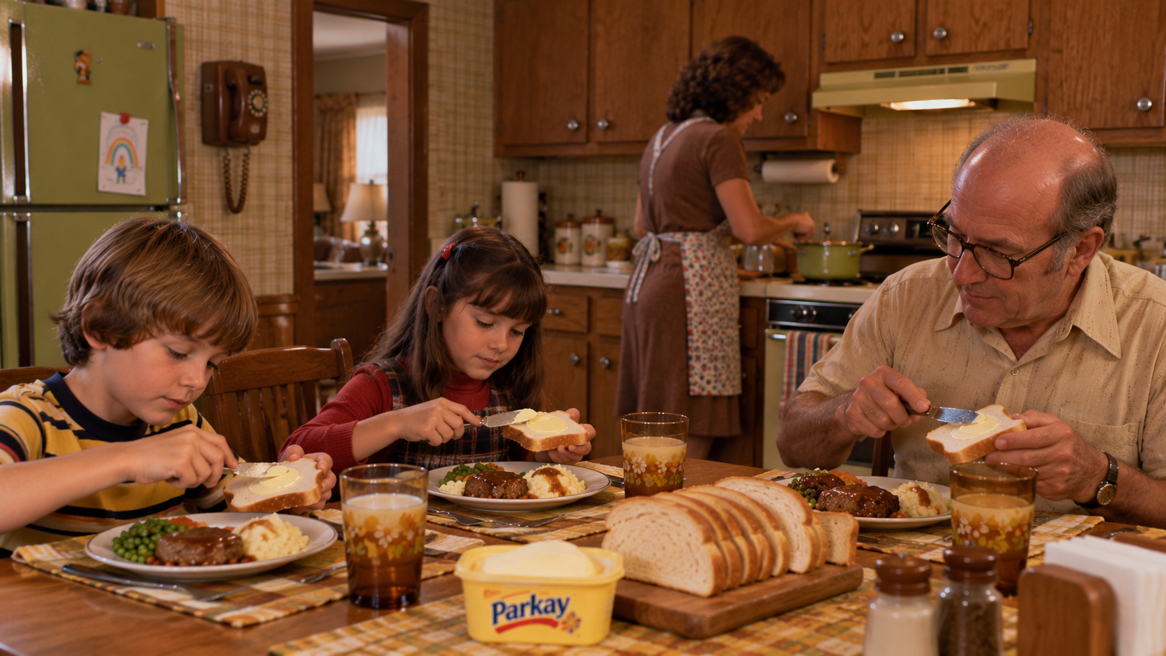 A family sits at a kitchen table spreading butter on bread, with a woman cooking in the background.
