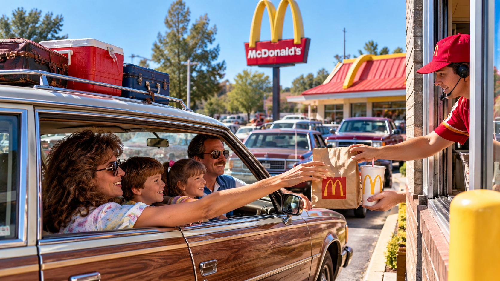 A family in a station wagon reaches through a McDonald’s drive-thru window to receive a paper bag and a drink from an employee.