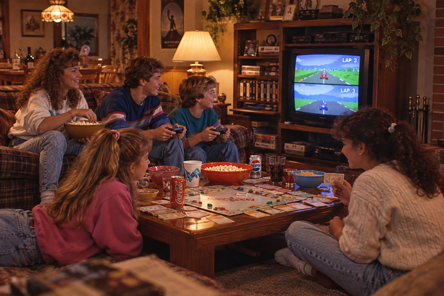 A group of friends playing a board game and video games in a living room.