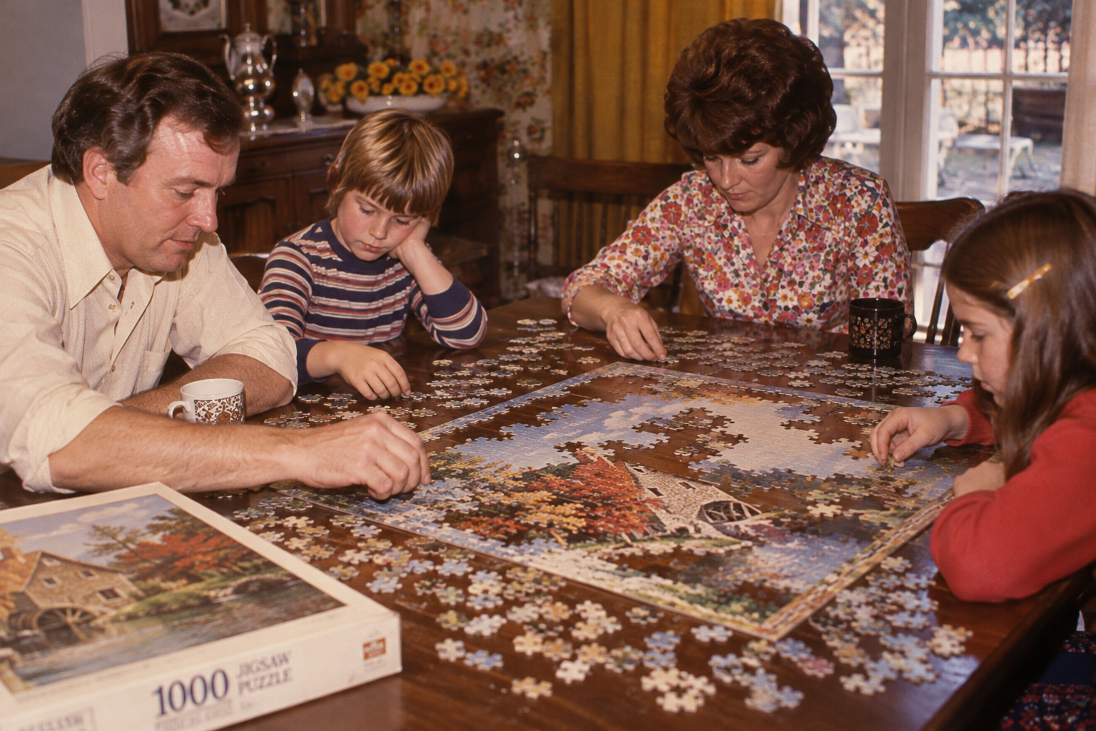 A family of four sits around a wooden table working on a jigsaw puzzle of a landscape.