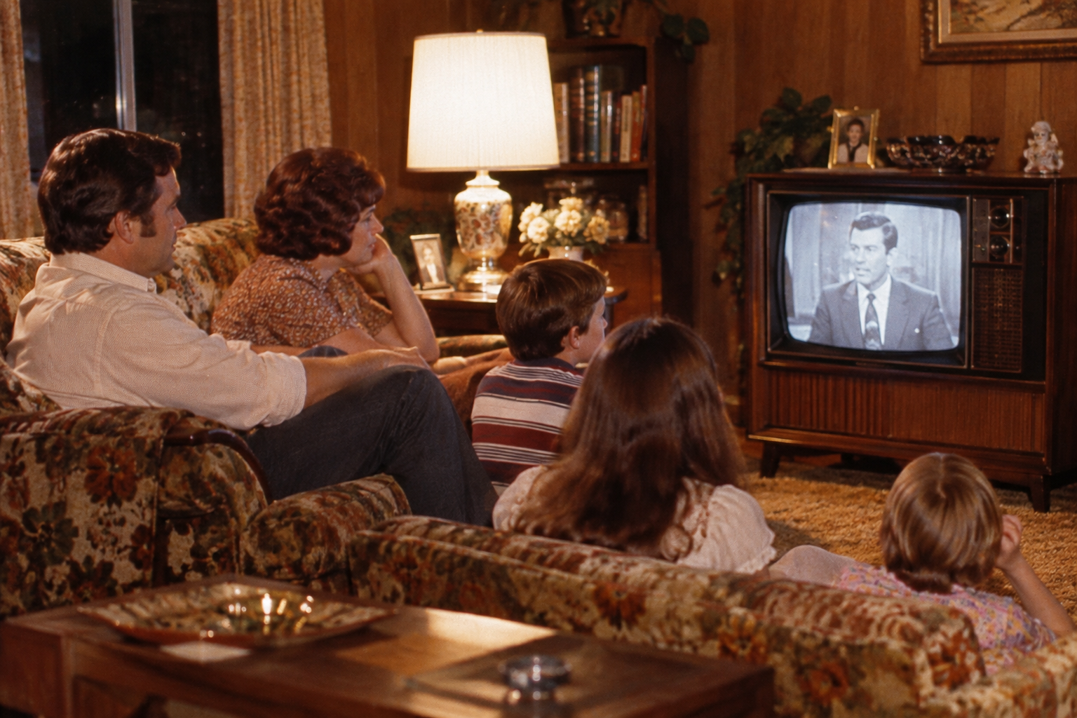 A family of five sitting in a living room watching a news broadcast on a vintage wooden console television.
