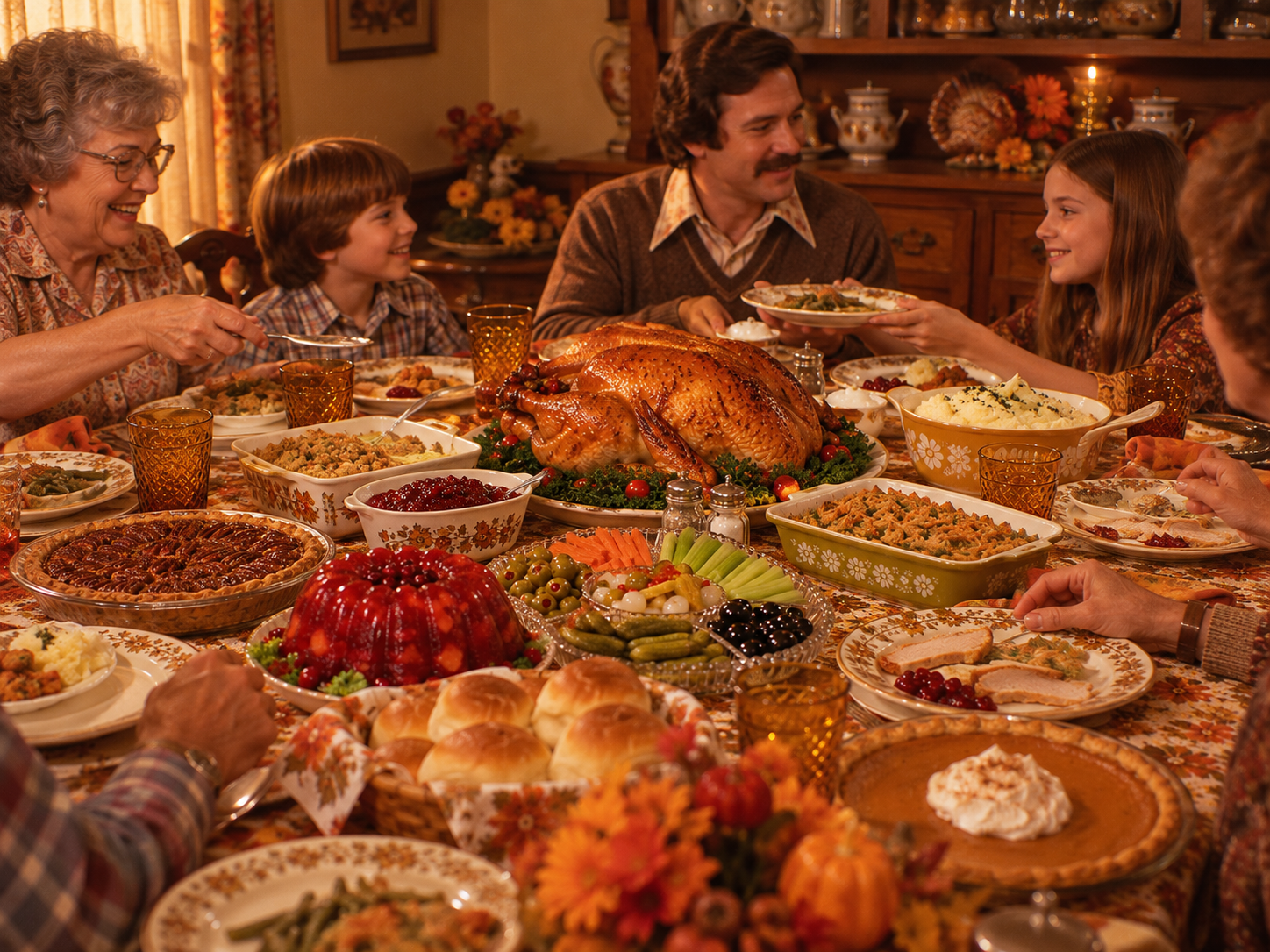A multi-generational family sitting around a table filled with a large roasted turkey, stuffing, cranberry sauce, vegetable trays, and various pies for a holiday dinner.