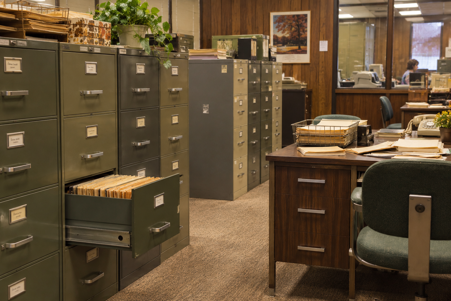 An office filled with rows of metal filing cabinets and a wooden desk with a basket of documents and an office chair.