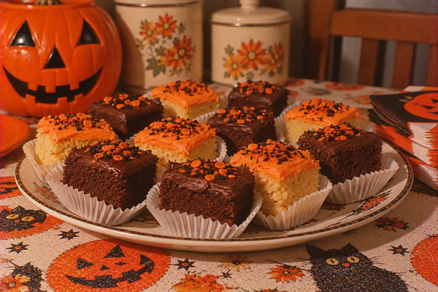 A platter of chocolate and yellow square cakes with orange and chocolate frosting, topped with Halloween sprinkles, set on a table with a jack-o’-lantern and festive tablecloth.