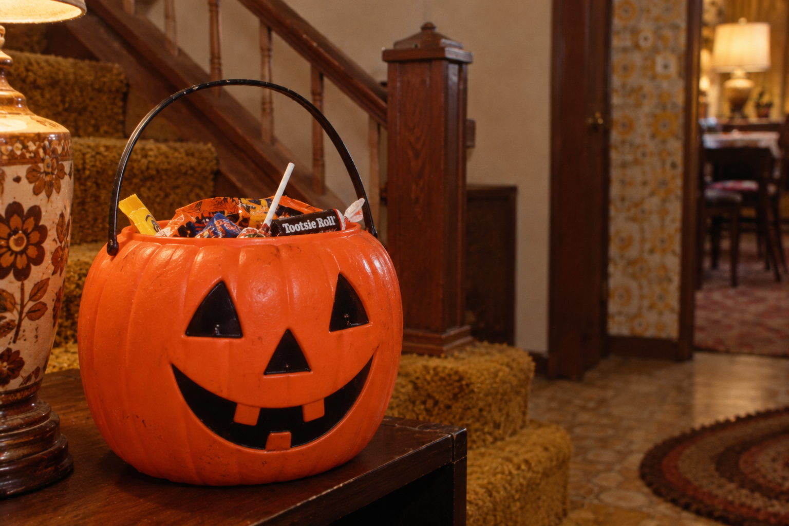 An orange plastic jack-o’-lantern candy bucket filled with assorted Halloween candy sits on a wooden table.
