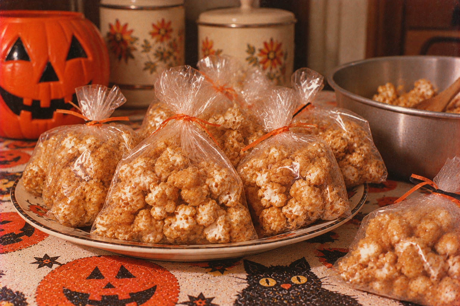 Clear plastic bags filled with caramel popcorn on a plate, set on a Halloween-themed tablecloth next to a jack-o’-lantern.