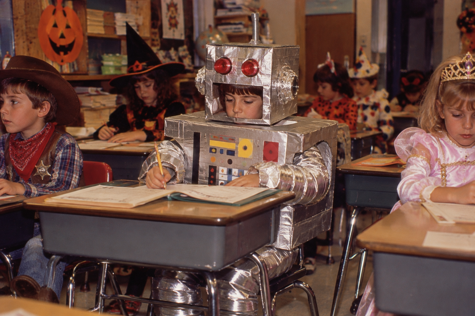 Children in various costumes, including a child wearing a homemade robot costume, sit at desks in a classroom.