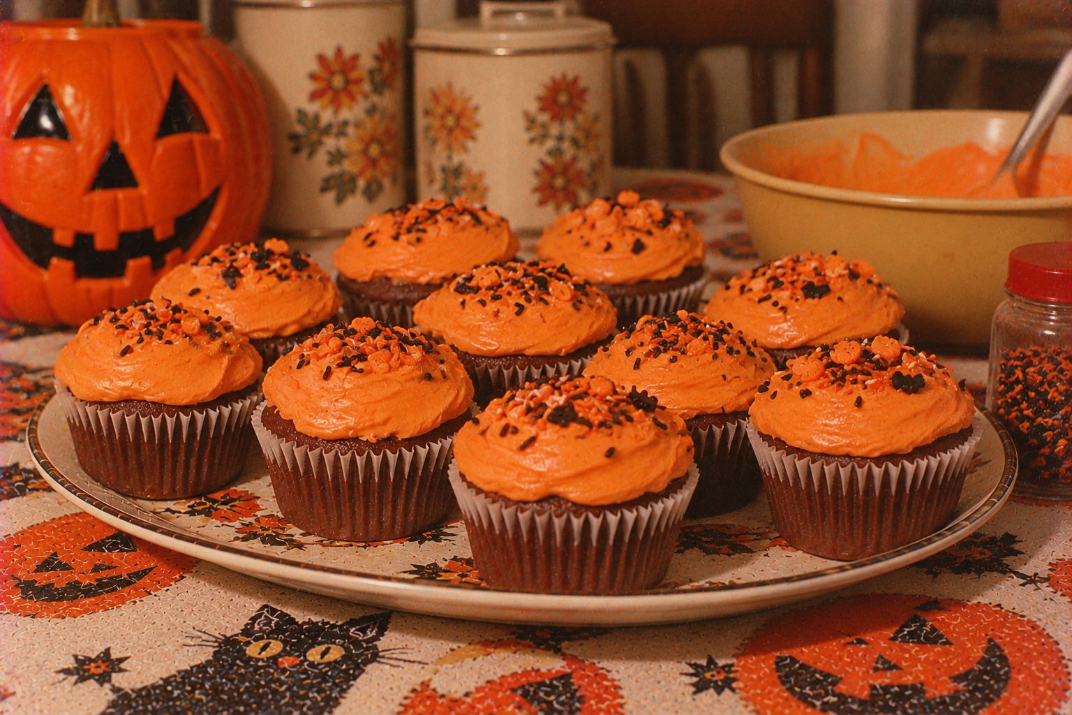 A platter of chocolate cupcakes with orange frosting and black sprinkles on a table with a Halloween-themed tablecloth, featuring a jack-o’-lantern in the background.