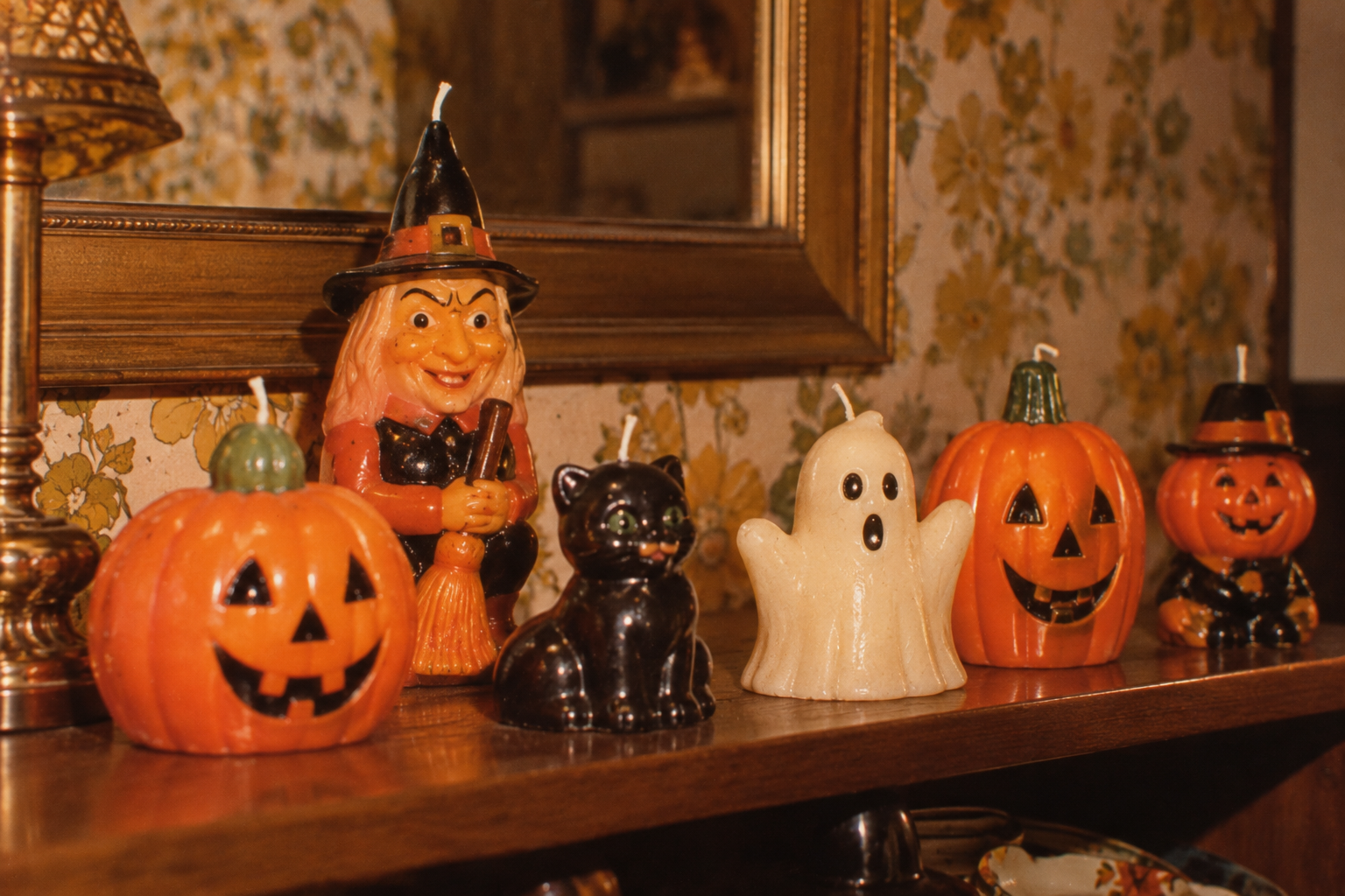 A row of vintage-style Halloween candles including jack-o’-lanterns, a witch, a black cat, and a ghost sitting on a shelf.