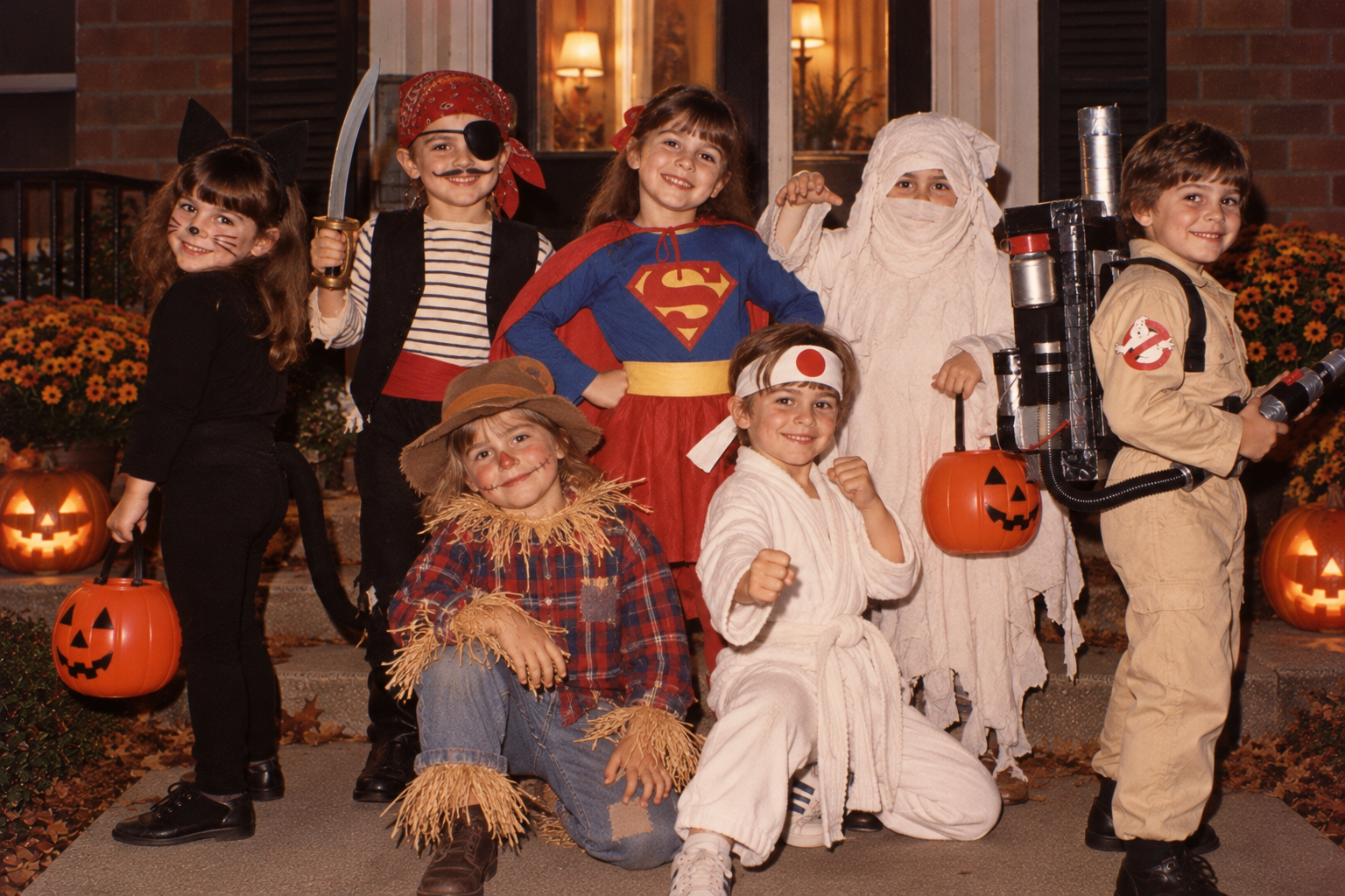 Seven children in Halloween costumes including a cat, pirate, Superman, mummy, scarecrow, martial artist, and Ghostbuster posing on a porch with jack-o’-lanterns.
