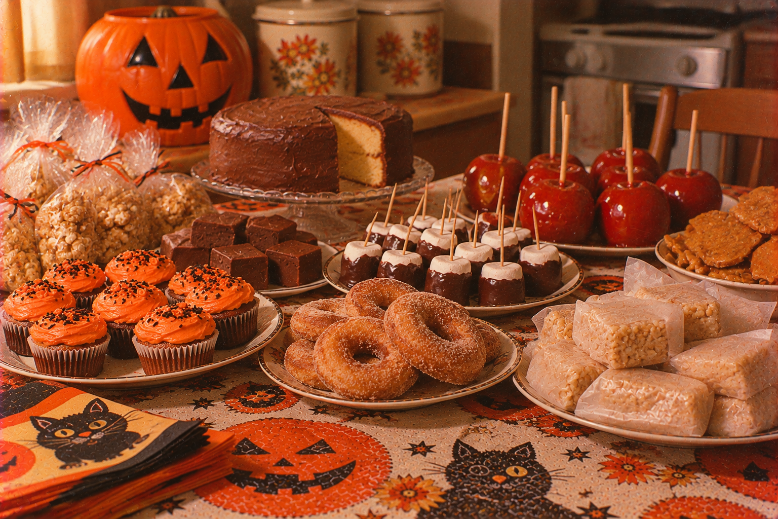 A table spread with various Halloween treats, including cupcakes with orange frosting, chocolate cake, candied apples, donuts, fudge, and rice cereal treats, set on a tablecloth with black cats and jack-o’-lanterns.