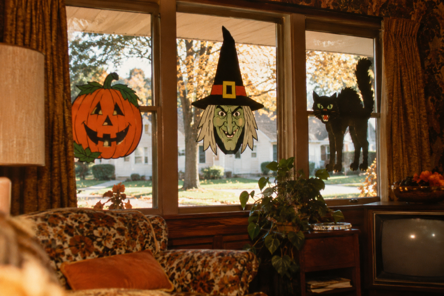 Three Halloween window clings—a jack-o’-lantern, a witch’s face, and a black cat—attached to a living room window.