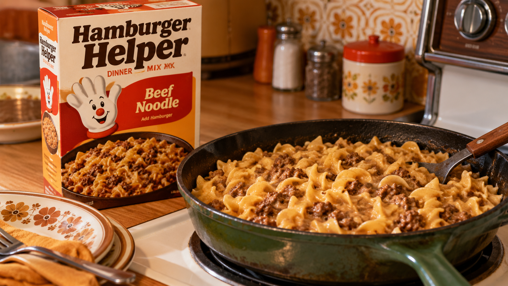 A box of Hamburger Helper Beef Noodle mix sits next to a cast iron skillet filled with the prepared meal.