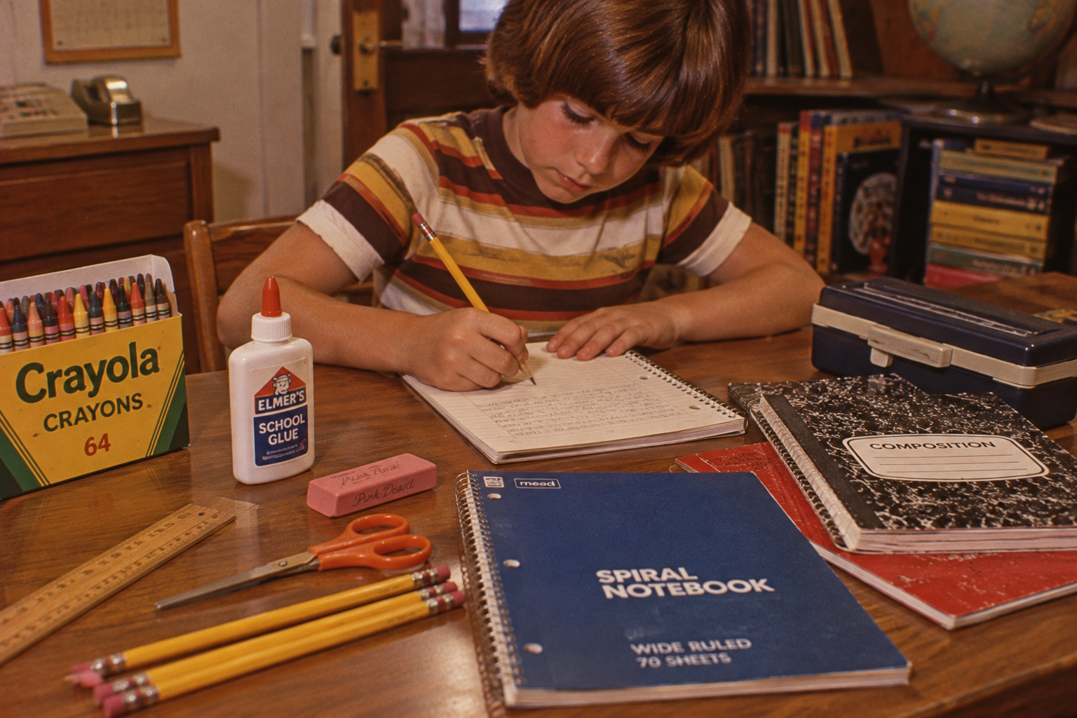 A child sits at a desk writing in a spiral notebook, surrounded by school supplies including a box of crayons, a bottle of glue, pencils, scissors, and other notebooks. Back-to-school in the 1970s.