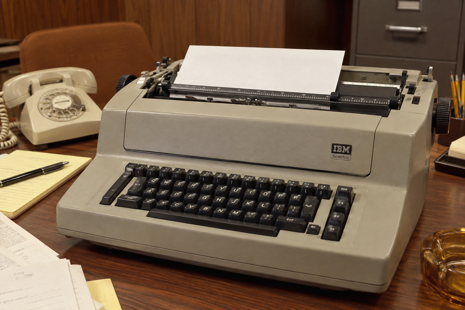 An IBM Selectric typewriter with a blank sheet of paper sits on an office desk next to a rotary telephone, a notepad, and an ashtray. 1970s office.