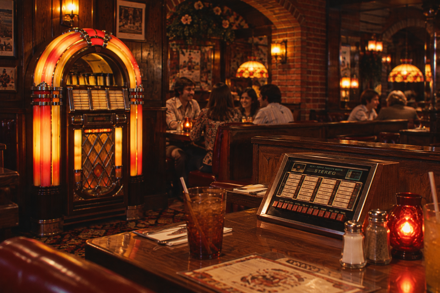 A vintage jukebox glows beside cozy wooden booths in a warmly lit retro diner, with drinks on the table and people chatting in the background.