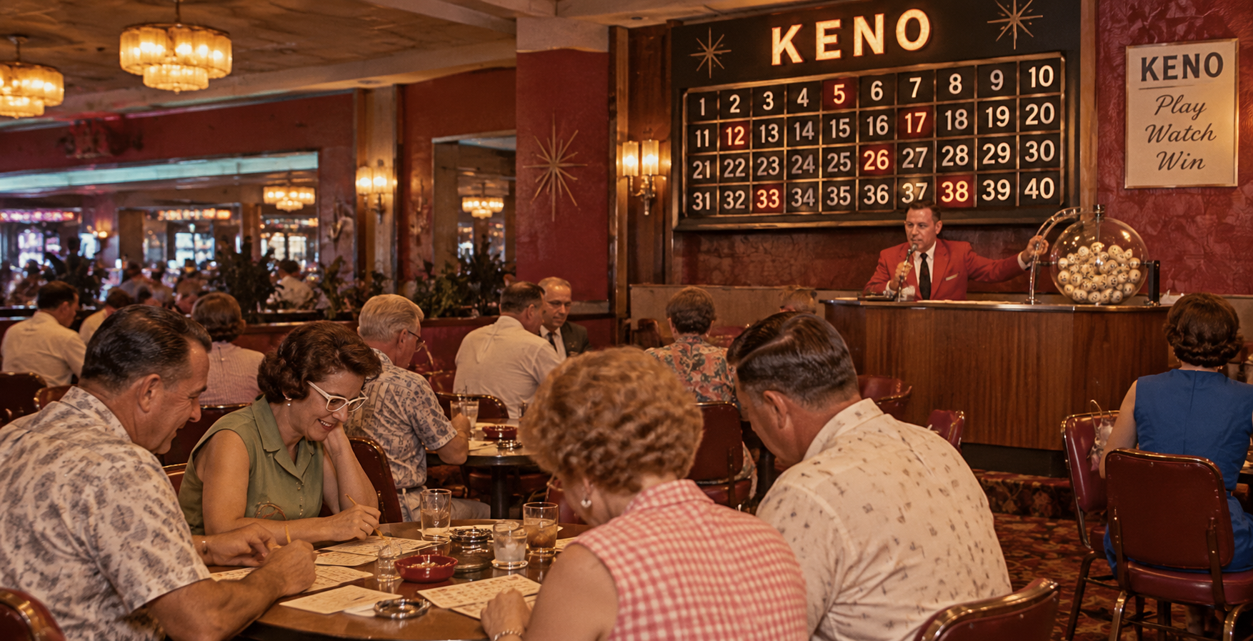 People sit at tables playing Keno in a vintage casino, capturing Old Las Vegas Traditions. A man stands on stage calling numbers by a large Keno board and ball cage in the dim, red-and-gold-lit room.