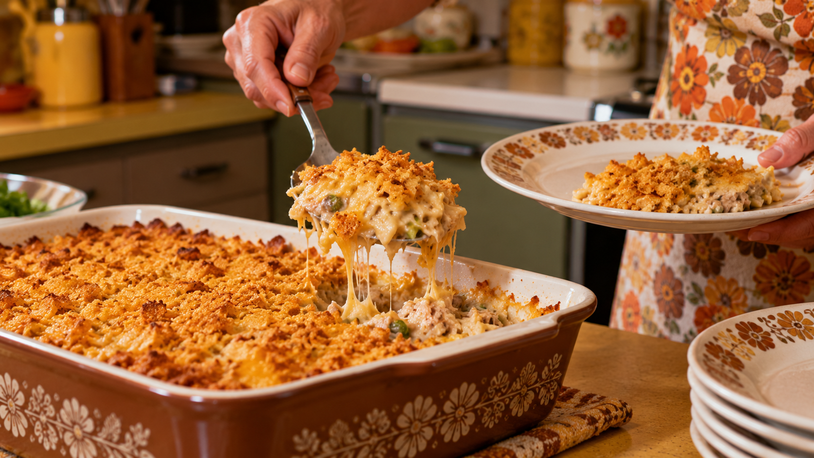 A person uses a serving spatula to lift a portion of cheesy vegetable and meat casserole with a crispy breadcrumb topping from a baking dish onto a plate.