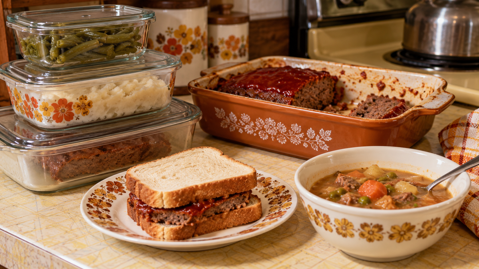 A meatloaf sandwich on a floral plate, a bowl of vegetable soup, a casserole dish of meatloaf, showing what family dinner was like in the 1970s.