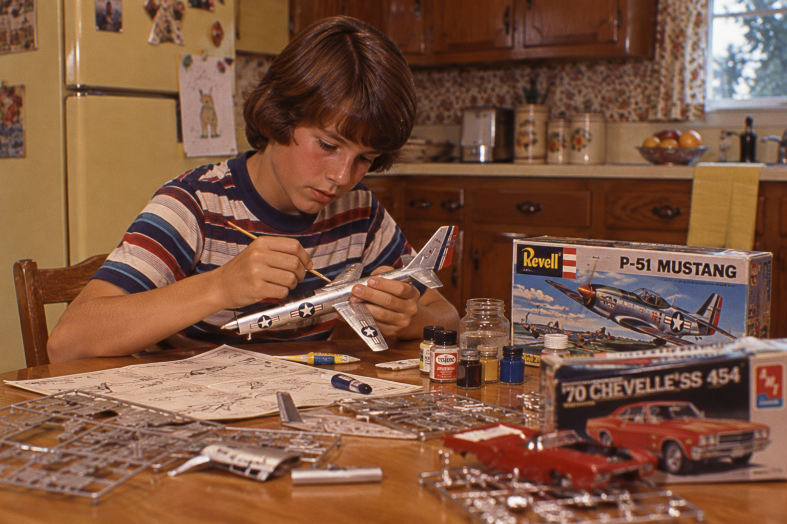 A boy painting a plastic model P-51 Mustang airplane at a kitchen table, with model kits and parts spread out before him.