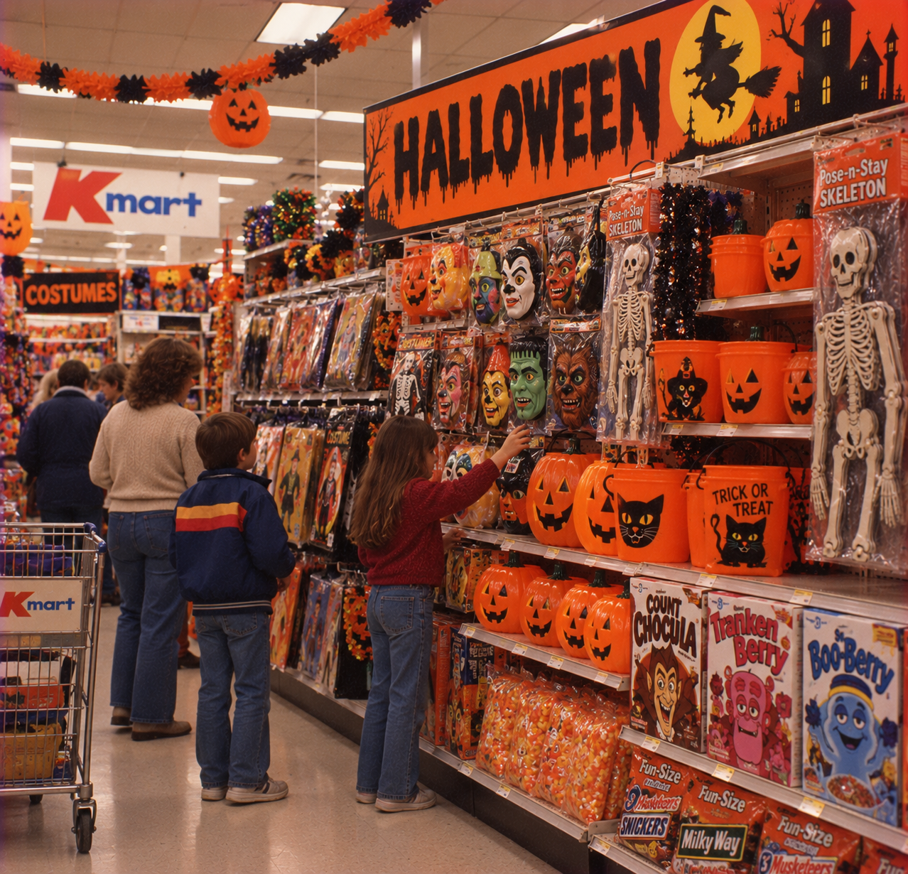 Children browsing a Kmart store aisle stocked with Halloween costumes, plastic pumpkin buckets, and monster-themed breakfast cereals.