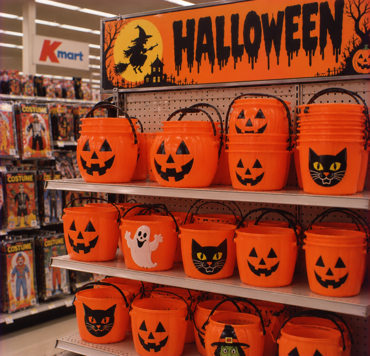Shelves in a Kmart store stocked with orange plastic Halloween trick-or-treat buckets featuring jack-o’-lantern, cat, and ghost designs.