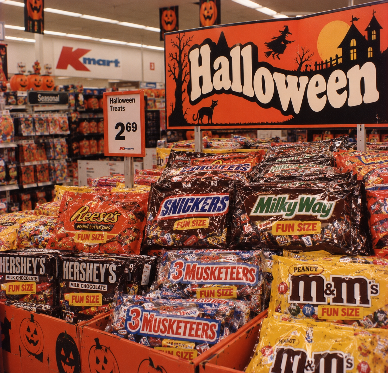 Display of fun-size candy bags including Reese’s, Snickers, Milky Way, Hershey’s, 3 Musketeers, and M&Ms under a large Halloween sign in a Kmart store.