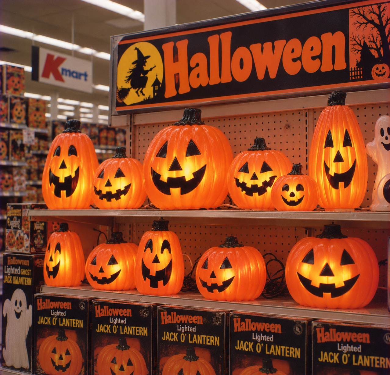 Store shelf displaying orange glowing plastic jack-o’-lanterns for Halloween, with boxes of the lanterns stacked underneath.