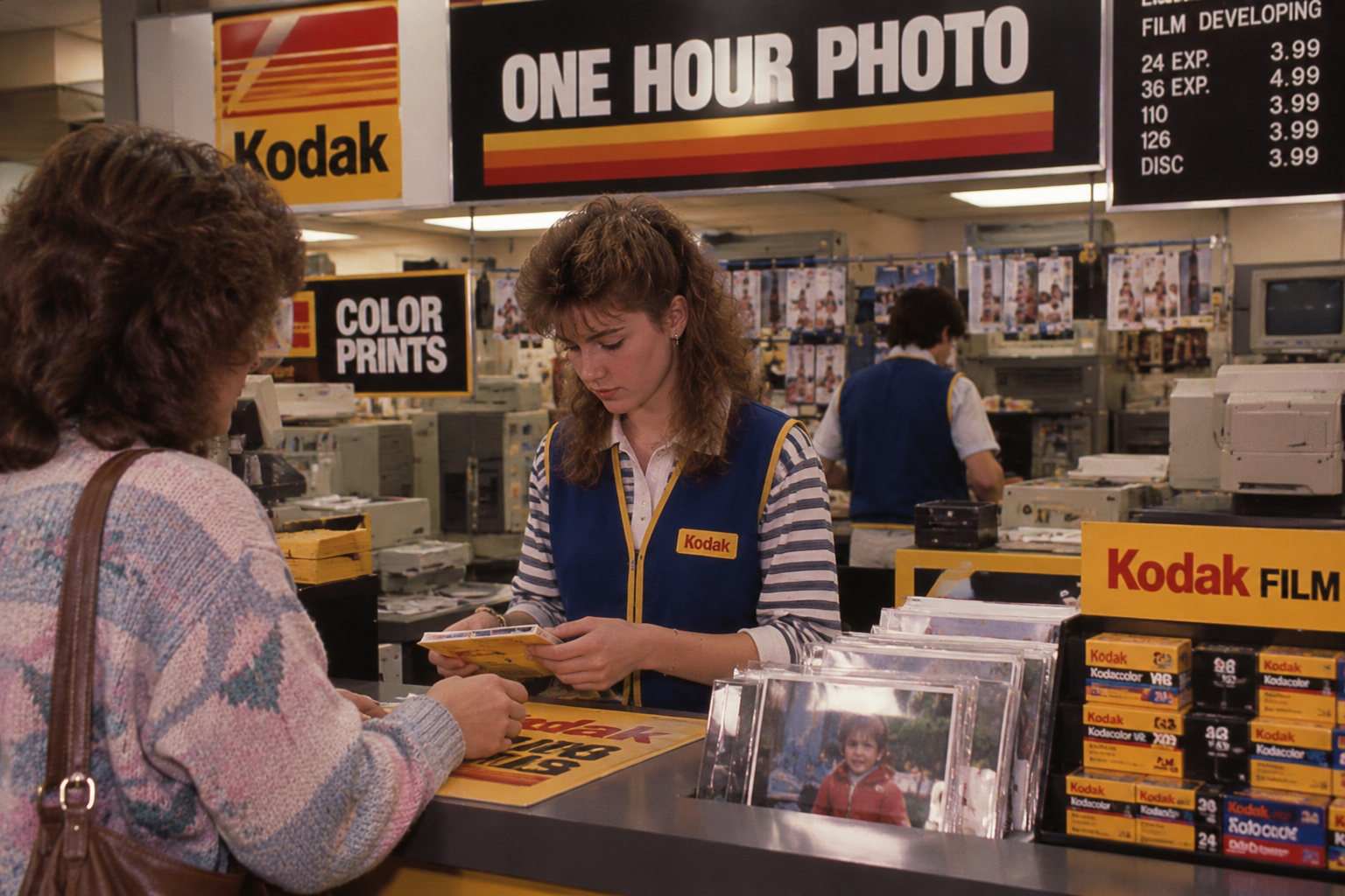 A Kodak photo lab employee in a blue vest assists a customer at a service counter.