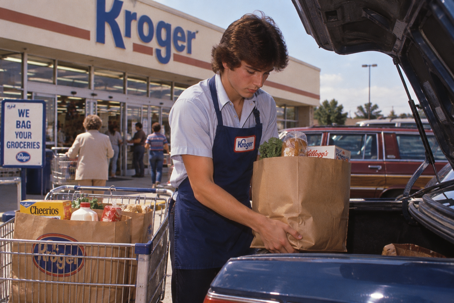 A Kroger grocery clerk in a blue apron loads a paper bag into the trunk of a car outside a Kroger store.