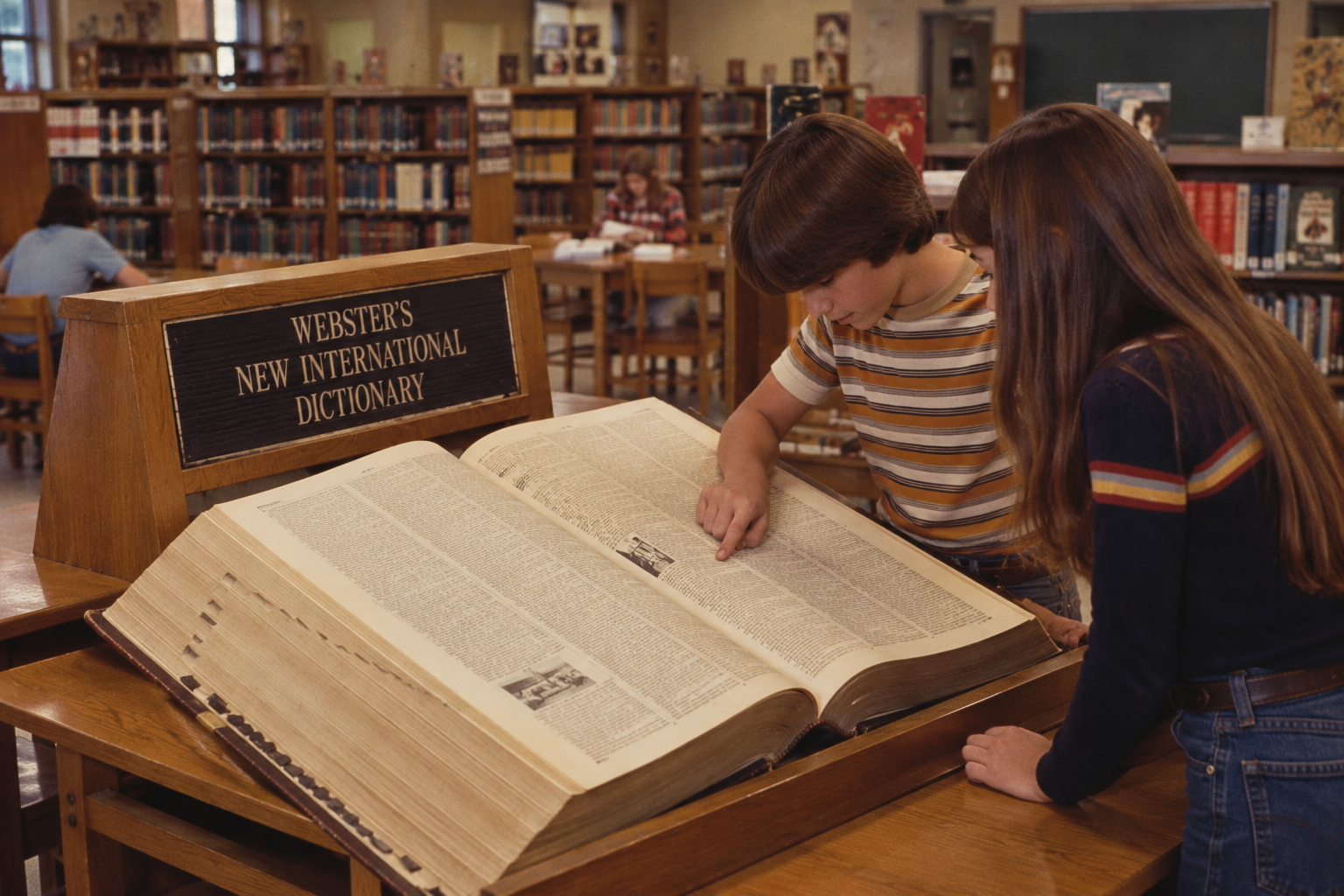 Two children look at a large Webster’s New International Dictionary on a wooden stand in a library.