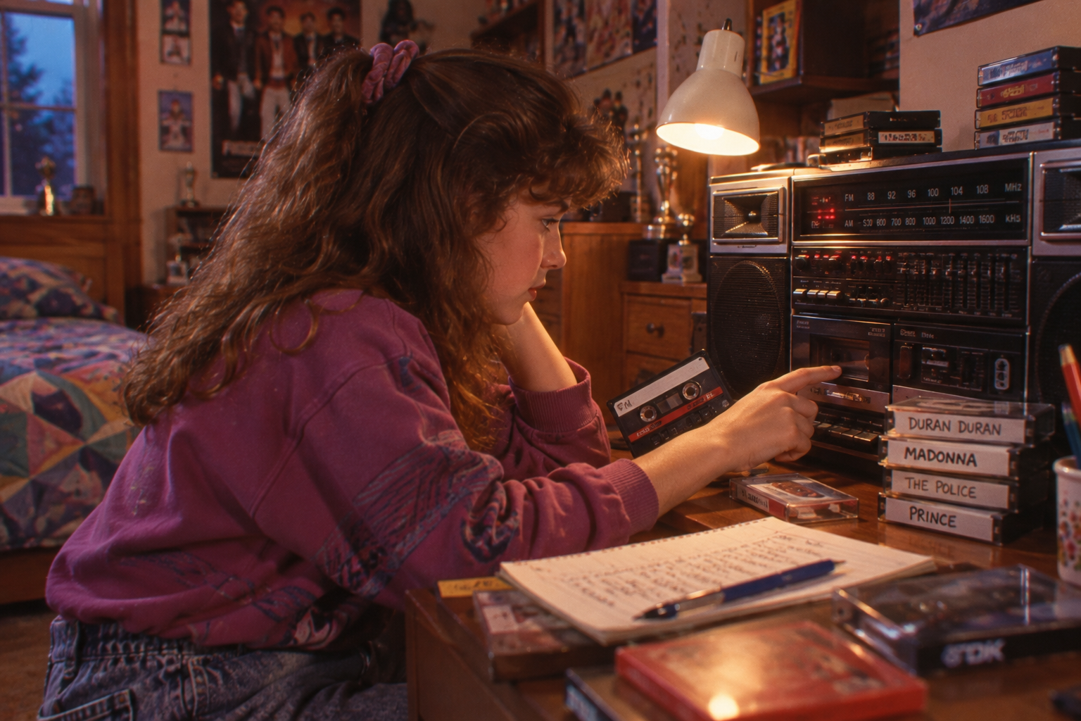 A teen girl in a 1980s bedroom listens to music on a boombox, holding a cassette tape. Labeled tapes and a handwritten song list are on the desk. Posters and photos decorate the room.