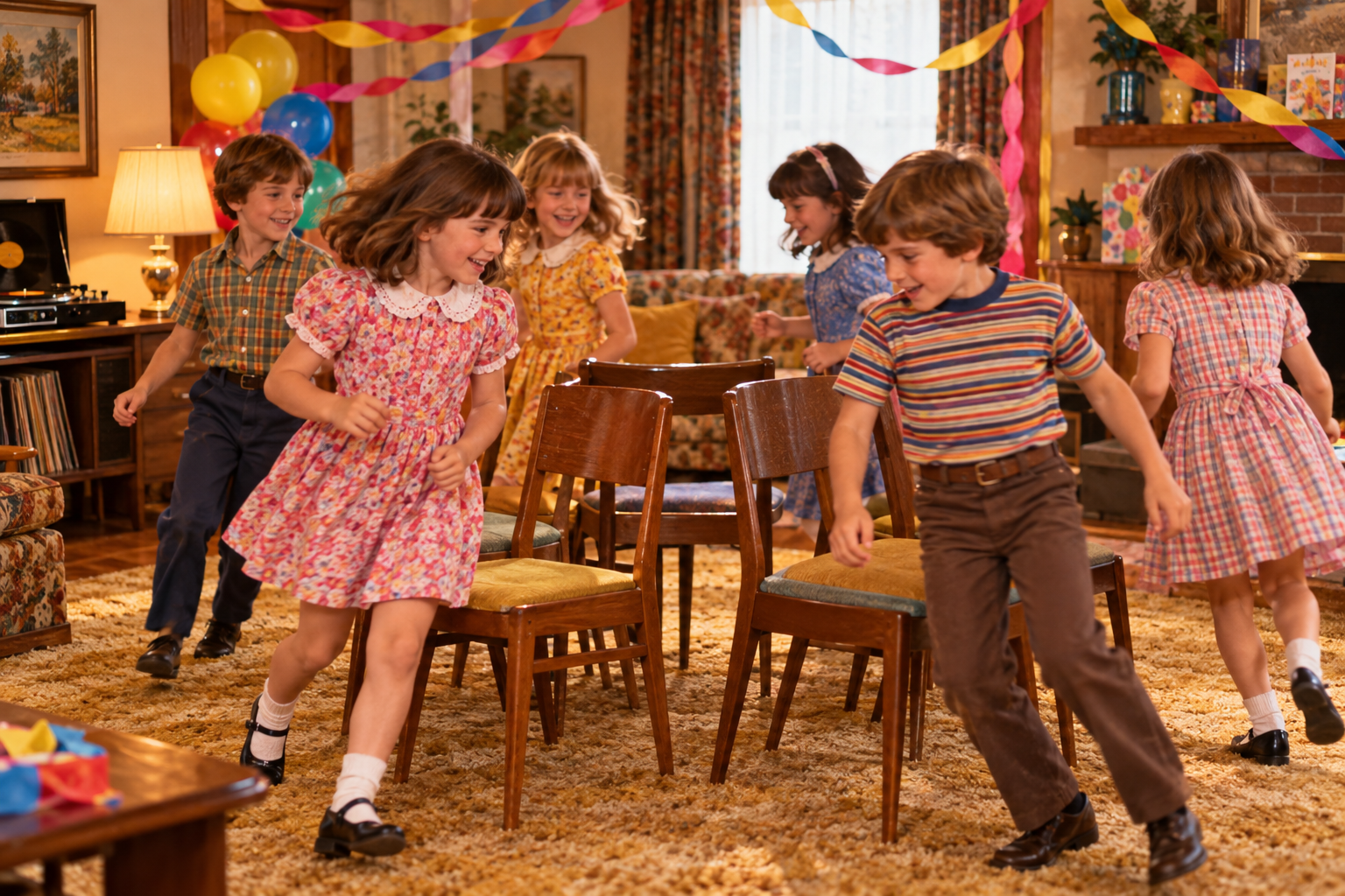 A group of children plays musical chairs in a living room decorated with streamers at a 1970s birthday party.